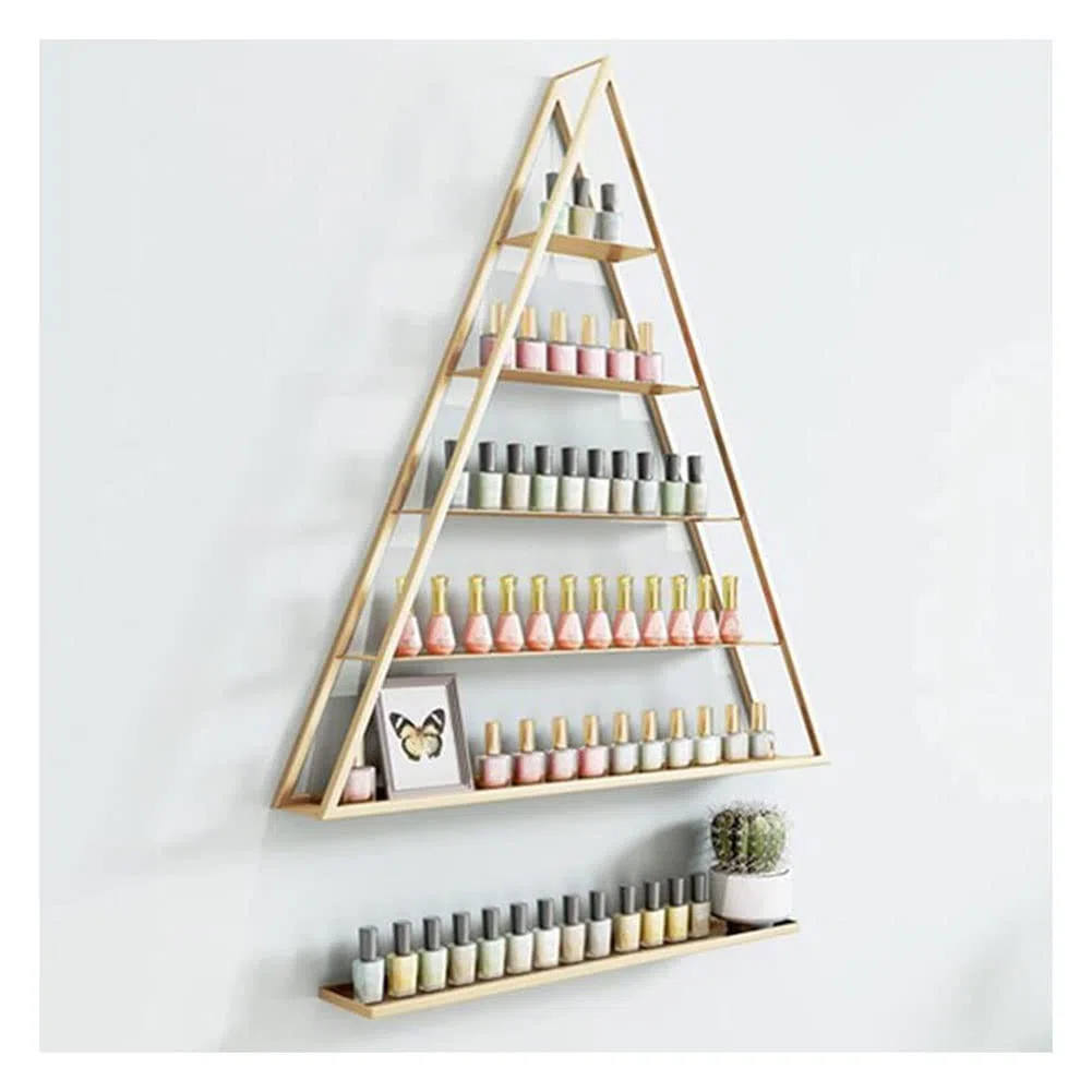 Présentoir Mural pour Vernis à Ongles : Présentoir Mural doré pour Vernis à Ongles - Étagère Triangulaire en 2 Parties pour huiles essentielles, cosmétiques et parfums - Porte-flacons de ver