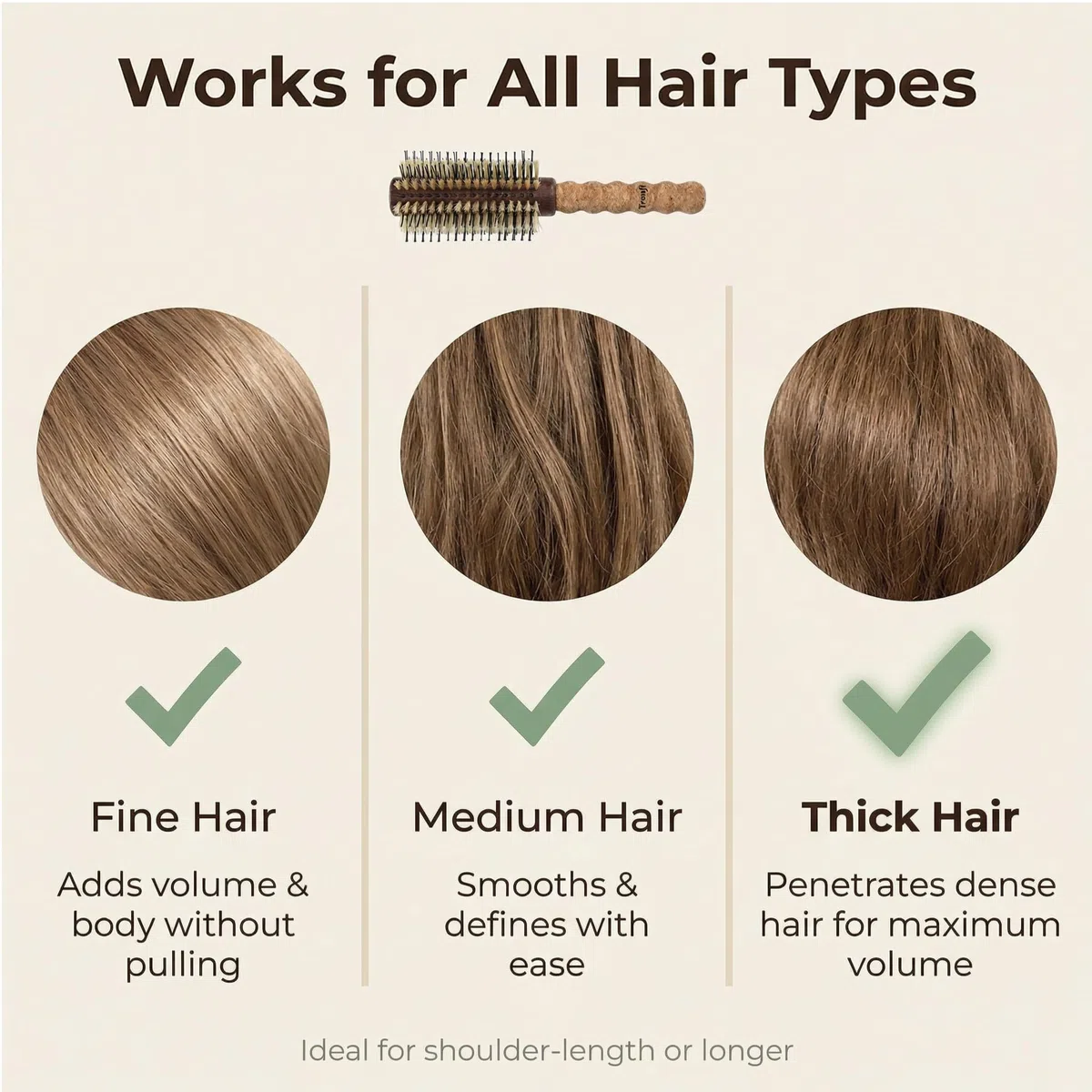 Brosse à cheveux ronde avec manche en liège, poils blancs, séchage thermique professionnel