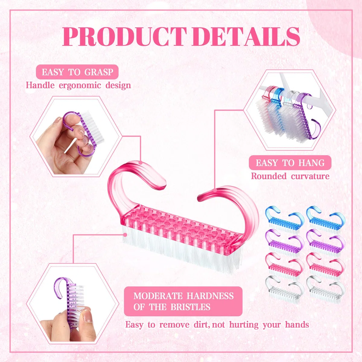Tanlade Lot de 300 brosses à ongles avec poignée en plastique - Petite brosse à ongles - Facile à utiliser - Pour homme et femme - Pour les mains, les pieds, les orteils - 4 couleurs