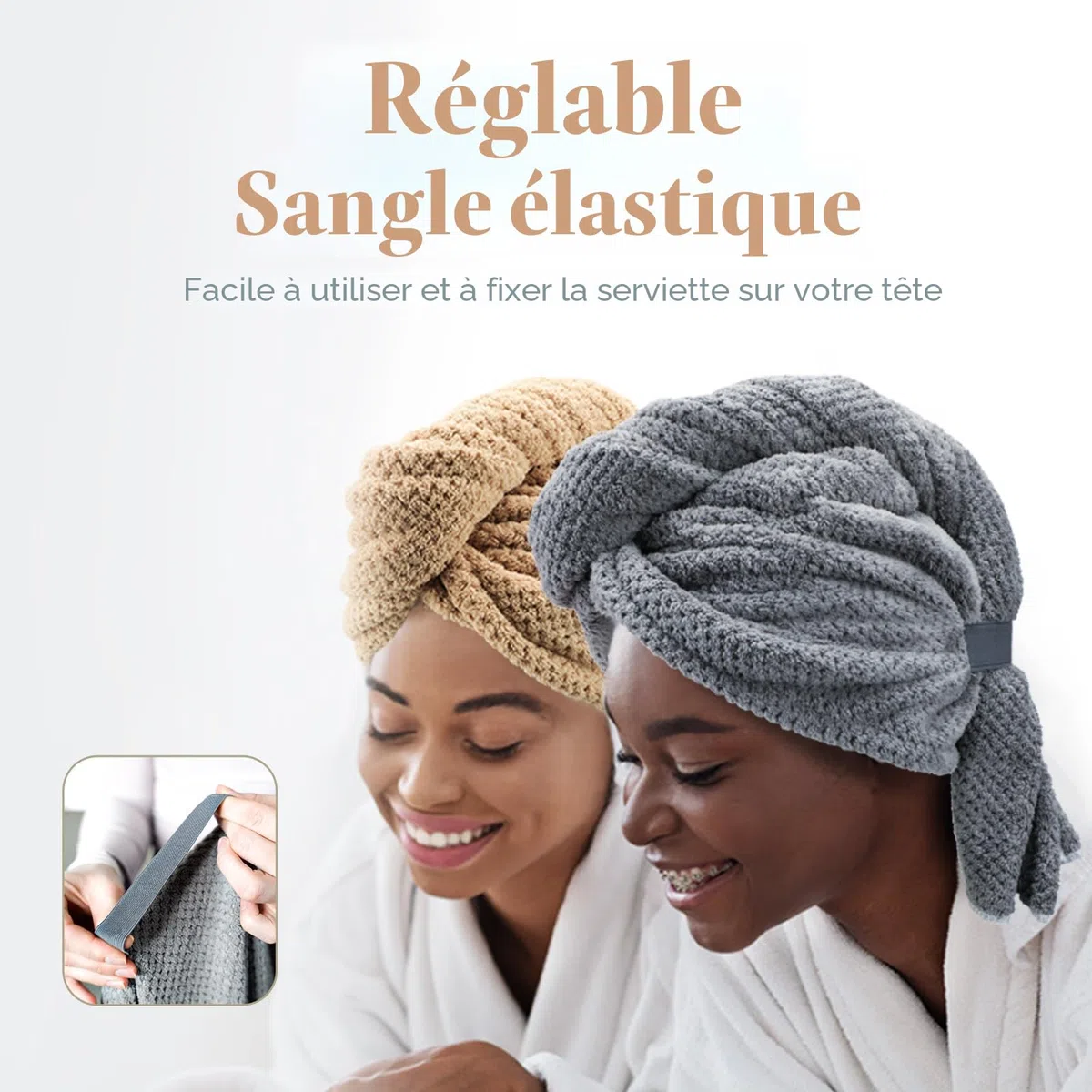 FREATECH 2 Grandes Serviettes Microfibre Cheveux Bouclés 86 x 26 cm, Turbans Épais Super Absorbants pour Cheveux Longs et Épais, Serviette de Séchage Anti-frisottis avec Bande Élastique