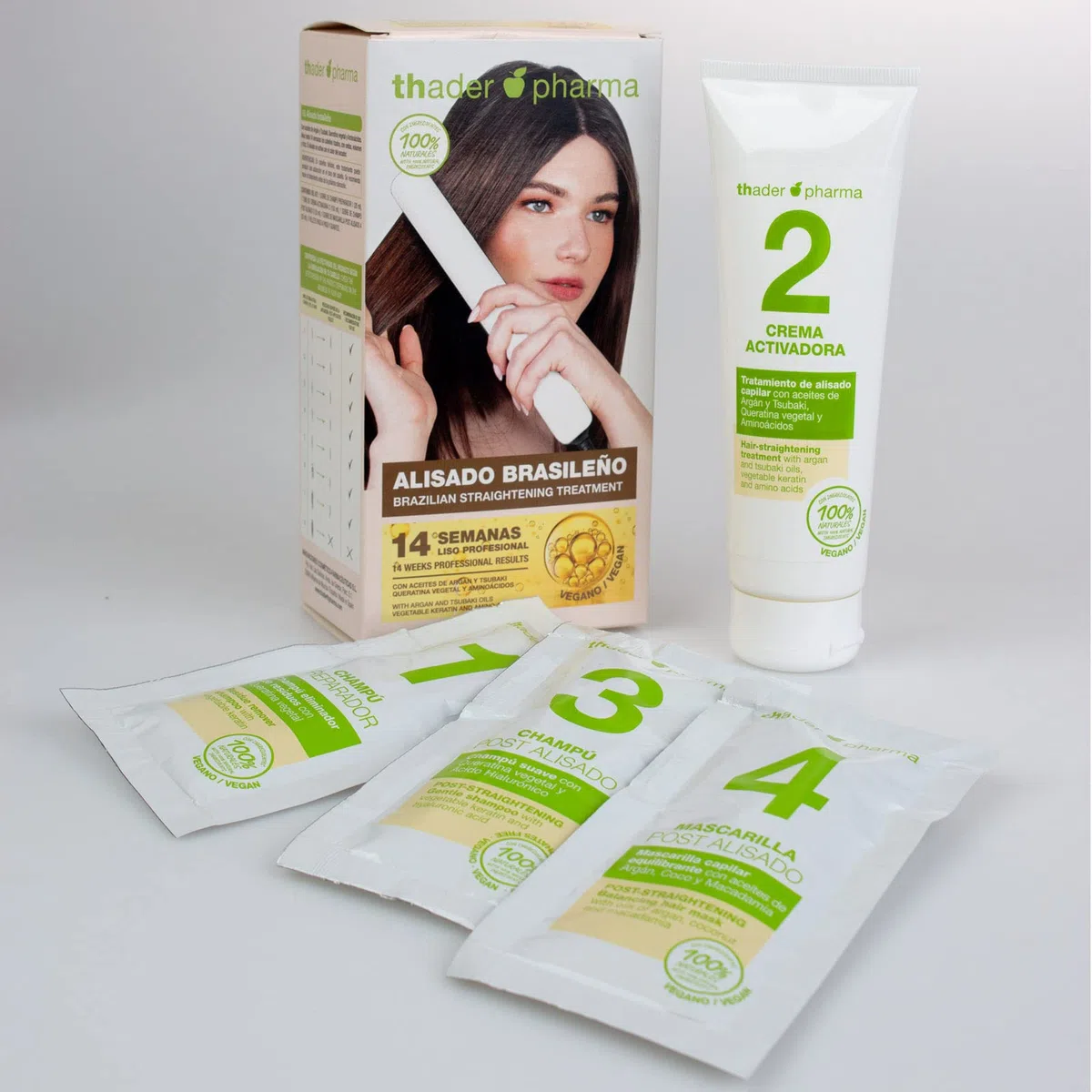 Thader TH Pharma Kit de lissage brésilien sans formol aux huiles d'argan et Tsubaki, kératine et acides aminés (blanc - cheveux foncés)