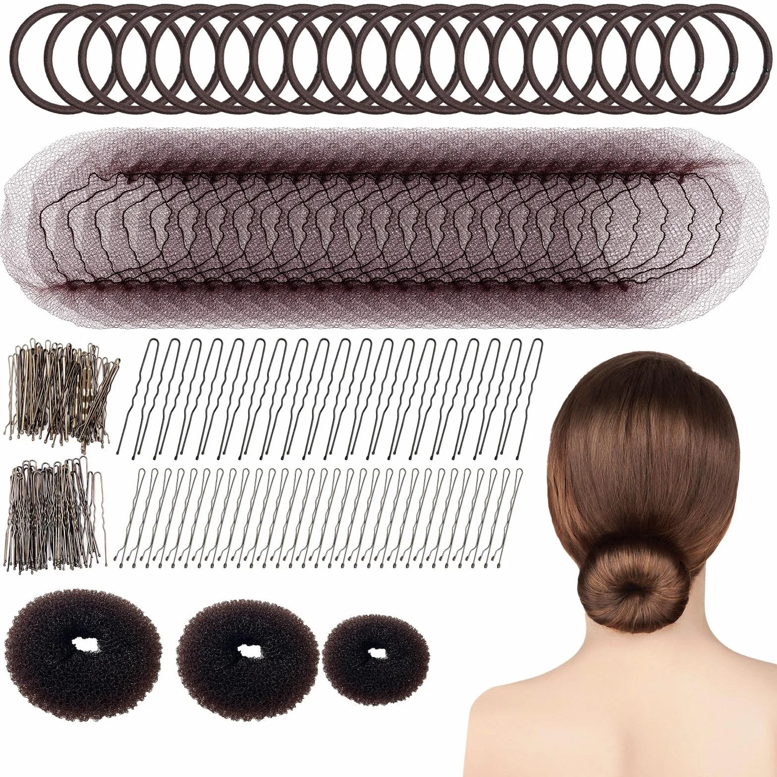 UILYNIU 183 Pièces Accessoires de Coiffure, Machine à Pain Donut, 3PCS Cheveux Donuts Chignons et 100 Épingles à Cheveux, 20Pcs Bande de Caoutchouc, 60 Pcs Filet Chignon pour les Danseurs (Brun)