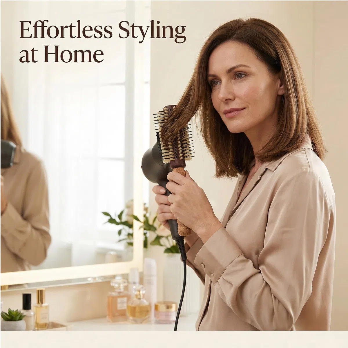Brosse à cheveux ronde avec manche en liège, poils blancs, séchage thermique professionnel