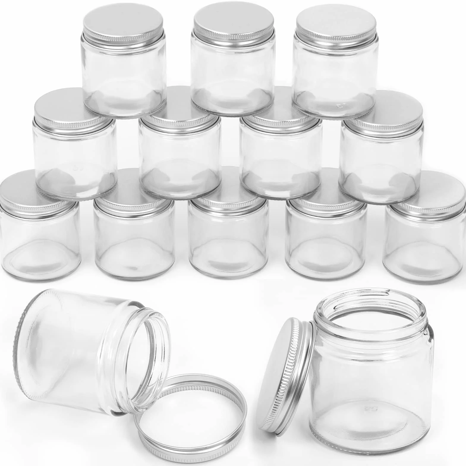 Swpeet 12 paquets 4 oz - 120 ml Kit de combinaison de pot en verre avec couvercle en argent transparent, récipient rond, en verre cosmétique avec couvercle, de voyage, crème, récipient