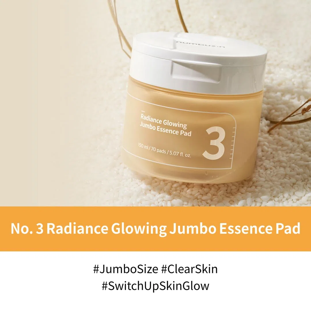 numbuzin N°3 Toner pads | Toner pads Radiance Glowing Jumbo Essence | Peau lisse hydratée, grain de peau affiné, Glass Skin, Teint Lumineux | Ingrédients fermentés, Bifida | 70 pads, 150 ml