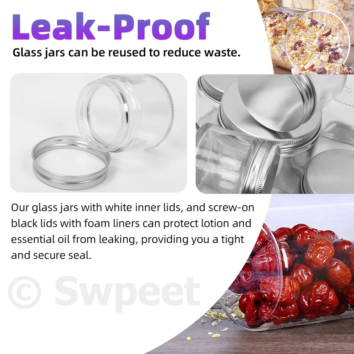 Swpeet 12 paquets 4 oz - 120 ml Kit de combinaison de pot en verre avec couvercle en argent transparent, récipient rond, en verre cosmétique avec couvercle, de voyage, crème, récipient