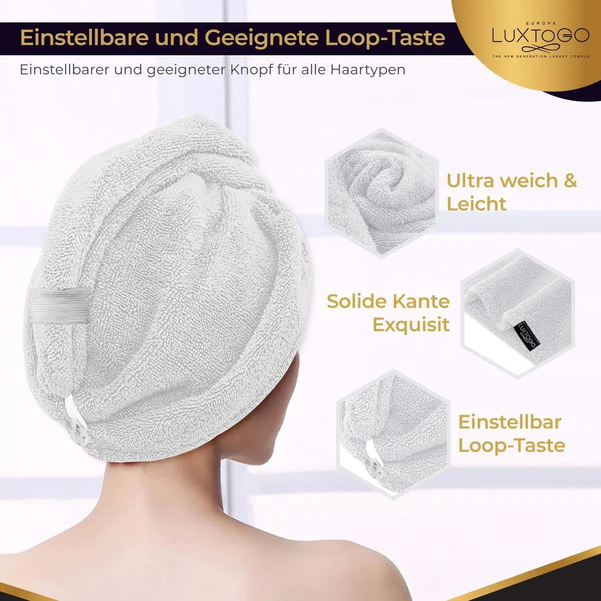 Serviette turban pour cheveux de qualité supérieure, 100 % coton, serviette turban de qualité supérieure avec bouton et élastique, super absorbante, 1 pièce blanche