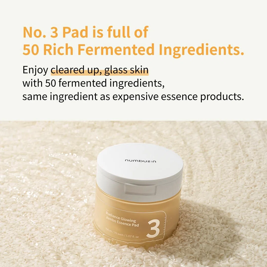 numbuzin N°3 Toner pads | Toner pads Radiance Glowing Jumbo Essence | Peau lisse hydratée, grain de peau affiné, Glass Skin, Teint Lumineux | Ingrédients fermentés, Bifida | 70 pads, 150 ml