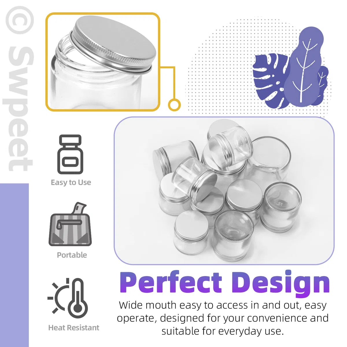 Swpeet 12 paquets 4 oz - 120 ml Kit de combinaison de pot en verre avec couvercle en argent transparent, récipient rond, en verre cosmétique avec couvercle, de voyage, crème, récipient