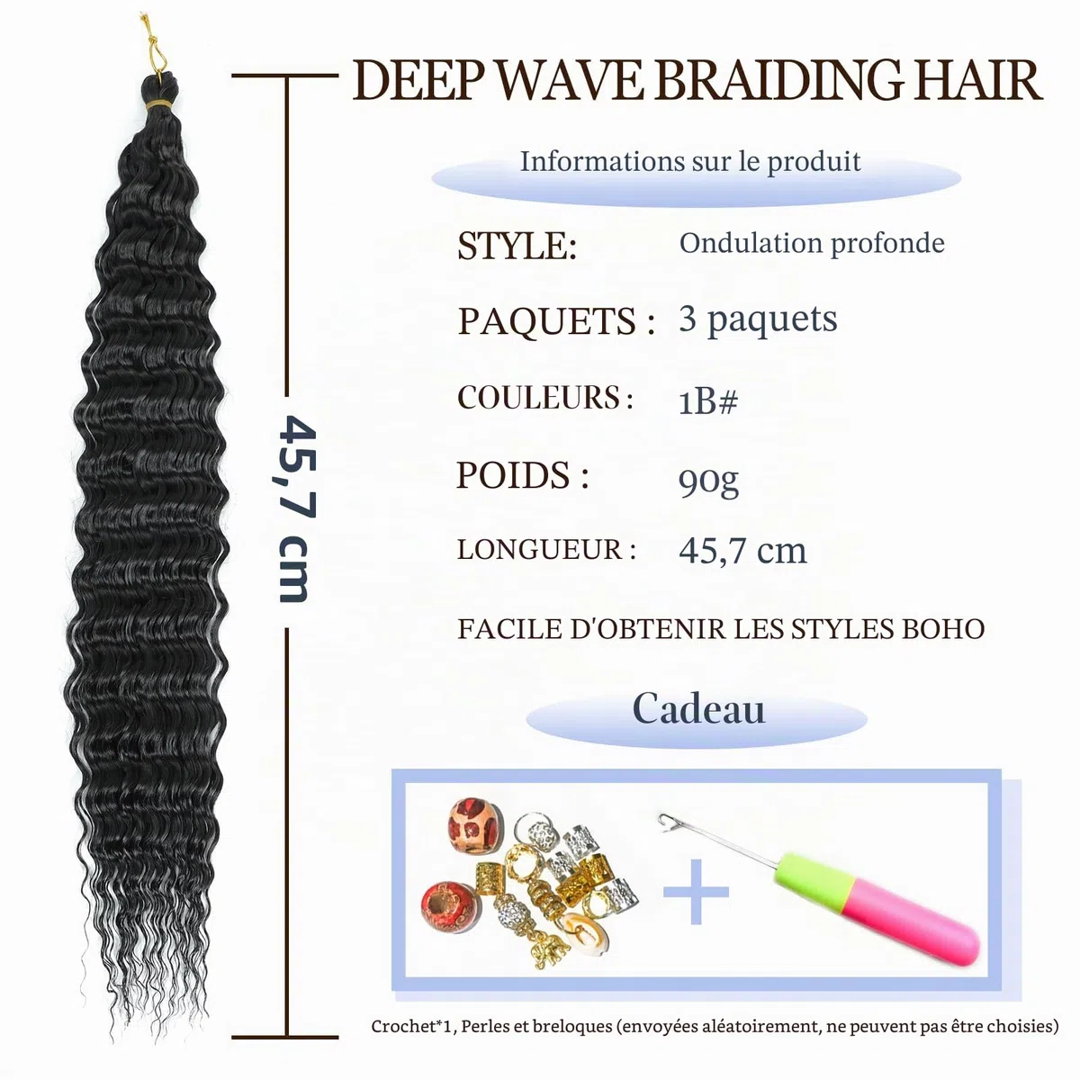 Deep Twist Crochet Braids Hair Extensions Ocean Wave Braiding Crochet Hair Soft Synthetic Curly Bohemian Braiding Crochet Hair Extensions for Women (1B, 18 inch (pack of 3）)