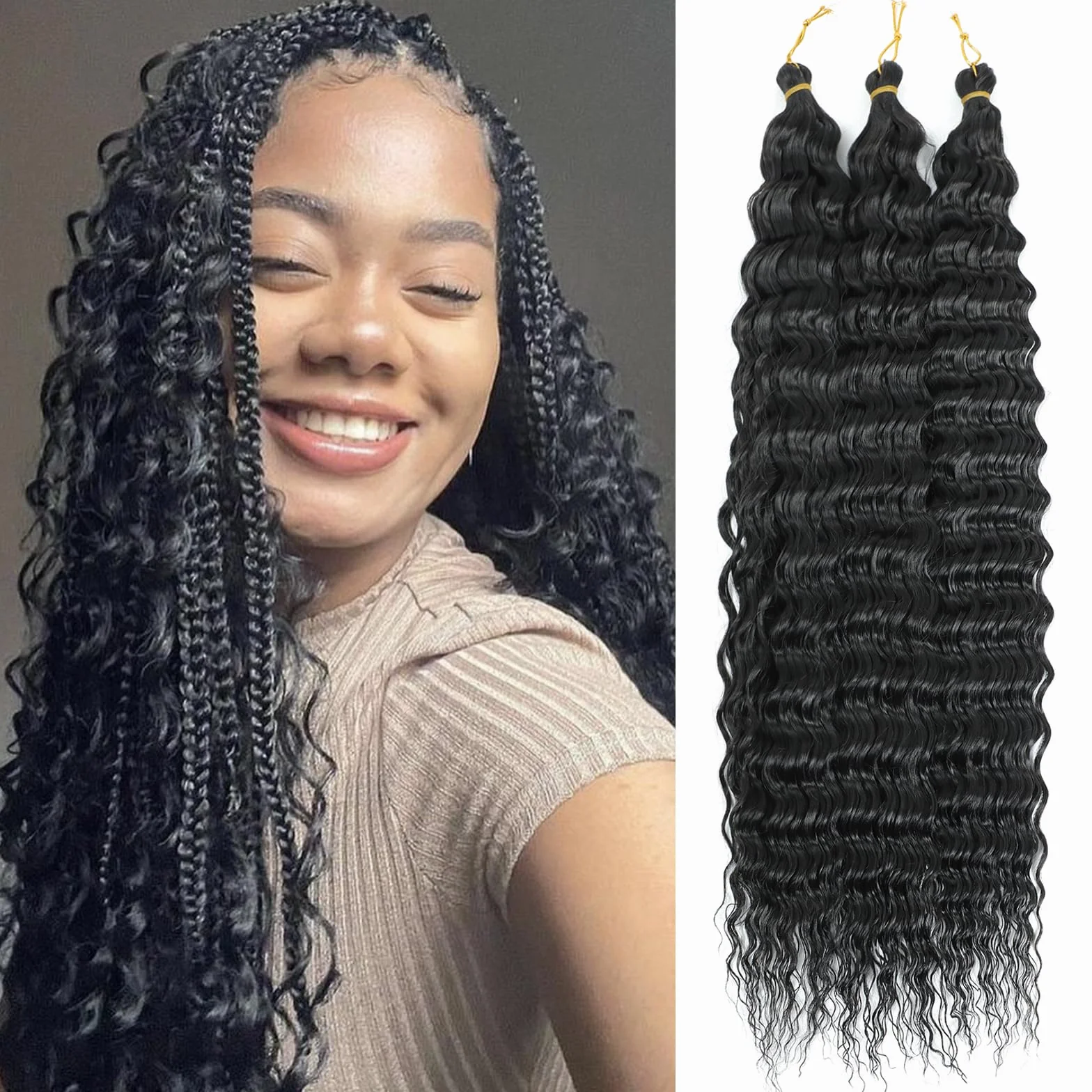 Deep Twist Crochet Braids Hair Extensions Ocean Wave Braiding Crochet Hair Soft Synthetic Curly Bohemian Braiding Crochet Hair Extensions for Women (1B, 18 inch (pack of 3）)