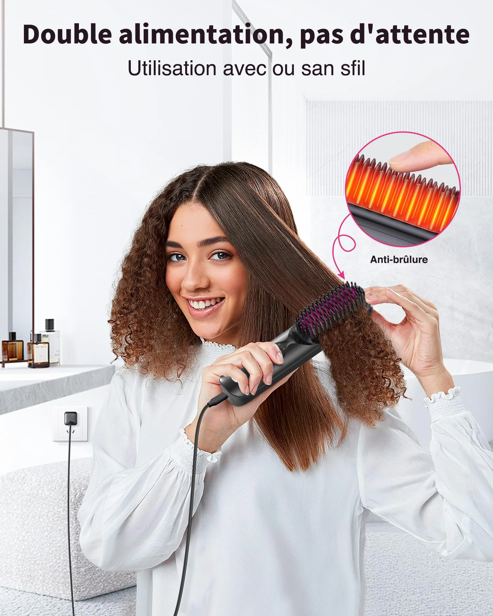 Bopcal Brosse Lissante pour Cheveux 10000mAh - 3 in 1 Brosse Lissante Sans Fil, Fer a Lisser 300 Millions d'ions Négatifs, Mini Lisseur 30S Chauffage, Céramique Anti-BrûLure, pour Voyage&Powerbank 19