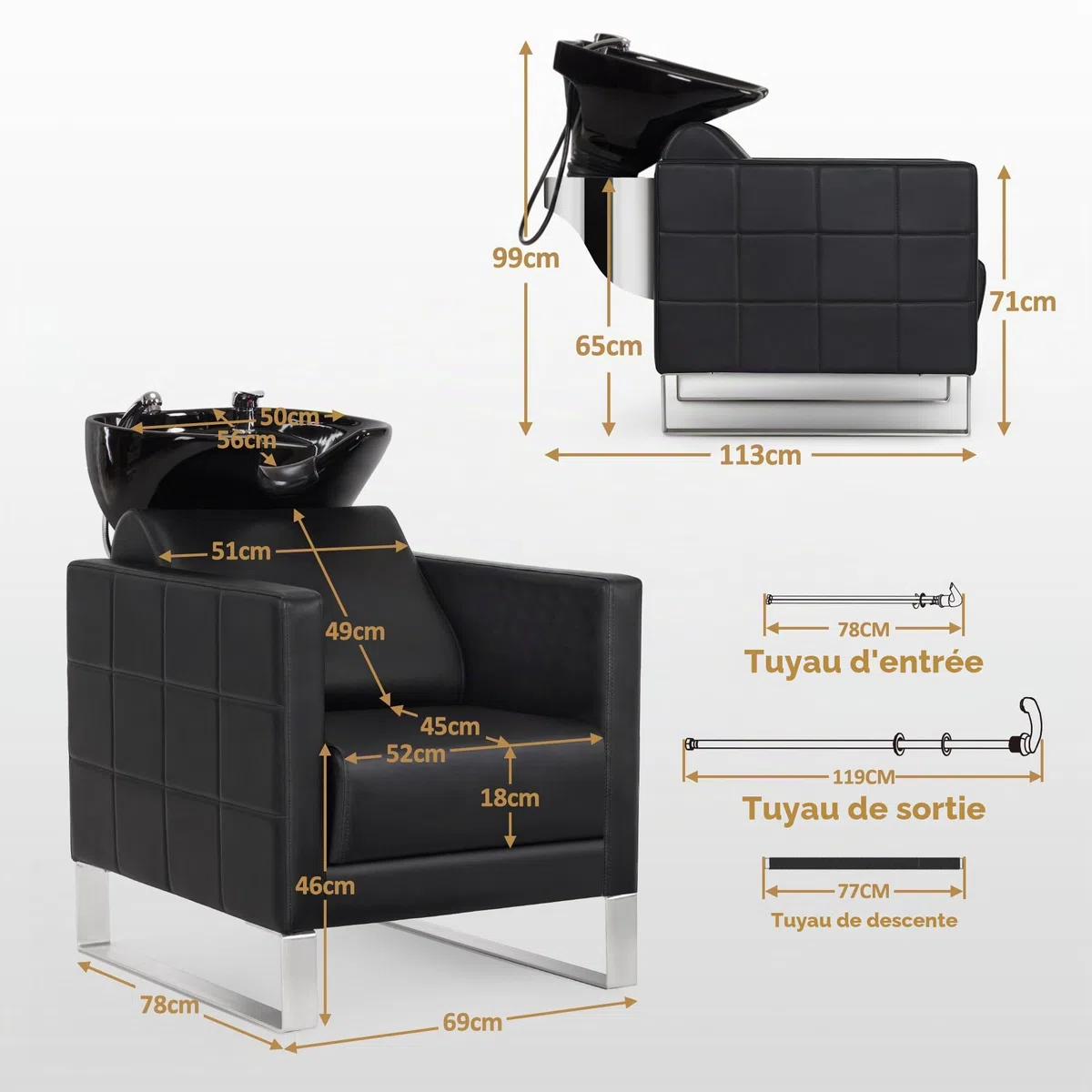 BarberPub Chaise de barbier avec lavabo, base en acier inoxydable, lavabo de barbier en céramique réglable, fauteuil de barbier pour SPA salon, station de lavage 8611(Noir/Cuir synthétique)
