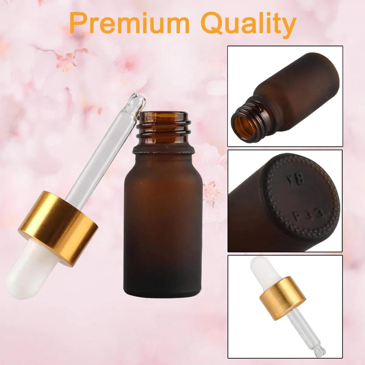 Lot de 10 flacons compte-gouttes en verre de 10 ml avec pipettes compte-gouttes, mini flacons vides pour huiles de massage essentielles, Bouchon ambre givré transparent/doré, Medium