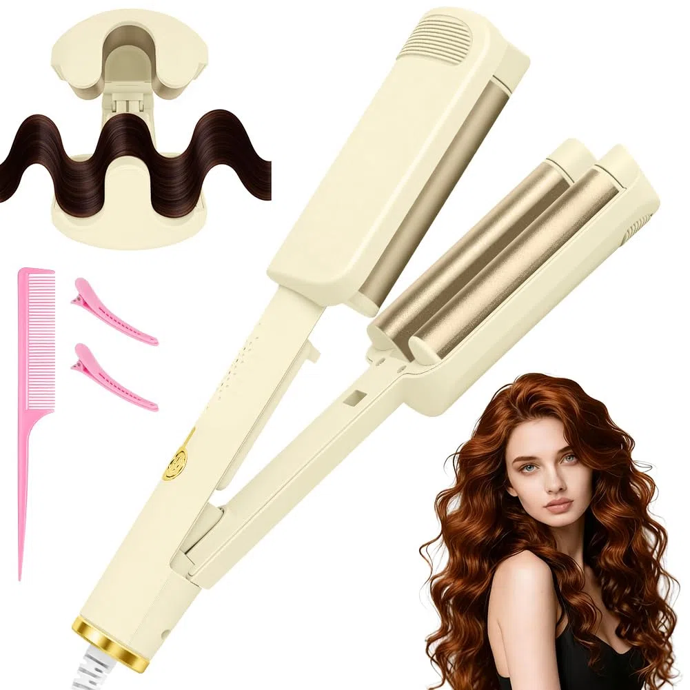 LOPHE 32mm Cheveux Wavy Fer à Boucler, Fers à Onduler French Waves avec 4 Températures Réglables, Cheveux Wavy Fer à Boucler pour Cheveux Longs Courts, Convient aux Débutants, Anti-Brûlure, Abricot