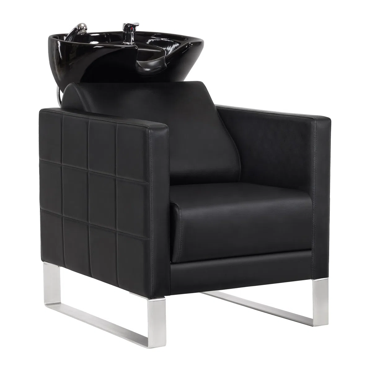 BarberPub Chaise de barbier avec lavabo, base en acier inoxydable, lavabo de barbier en céramique réglable, fauteuil de barbier pour SPA salon, station de lavage 8611(Noir/Cuir synthétique)