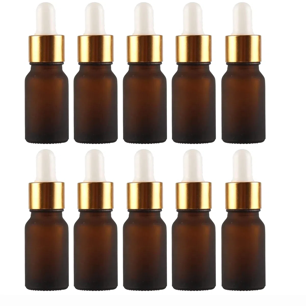 Lot de 10 flacons compte-gouttes en verre de 10 ml avec pipettes compte-gouttes, mini flacons vides pour huiles de massage essentielles, Bouchon ambre givré transparent/doré, Medium