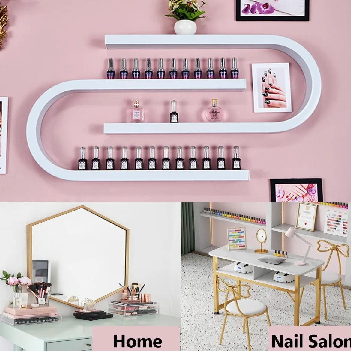 Présentoir Mural pour Vernis à Ongles : Vitrine cosmétique Murale en Forme de U, Support métallique pour huiles essentielles et Vernis à Ongles, présentoir élégant pour Salon de manucure et