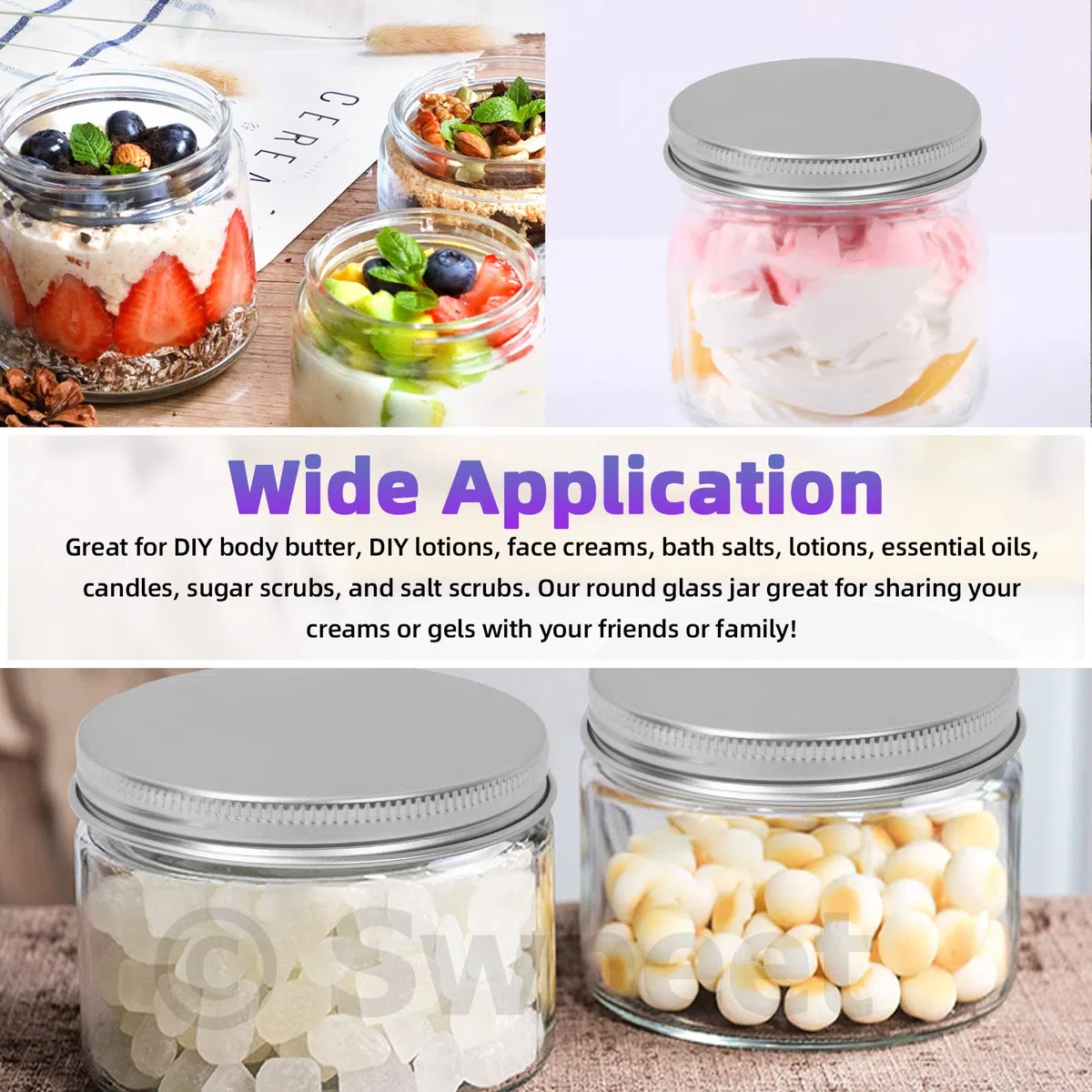 Swpeet 12 paquets 4 oz - 120 ml Kit de combinaison de pot en verre avec couvercle en argent transparent, récipient rond, en verre cosmétique avec couvercle, de voyage, crème, récipient