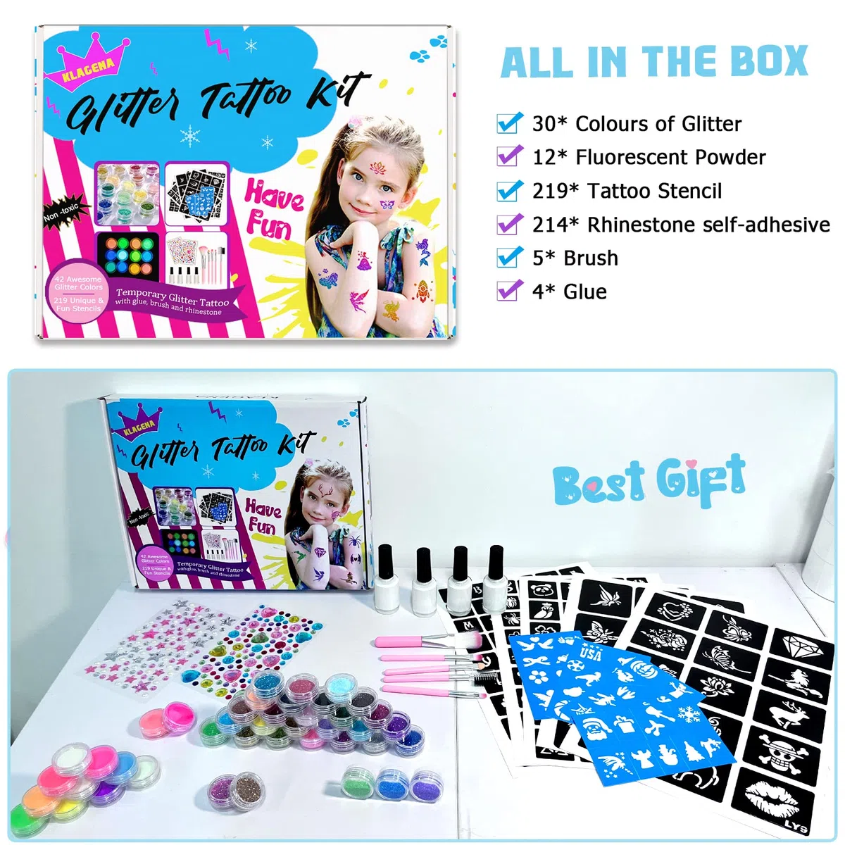 Kit Tatouage Paillettes Enfant Filles, 42 Couleurs (Comprend 12pcs Paillettes Lumineuses) mit 219 Pochoirs 213 Strass-Non-toxique Glitter Tatoo Kit Cadeau Fille pour Anniversaire Carnaval Fête