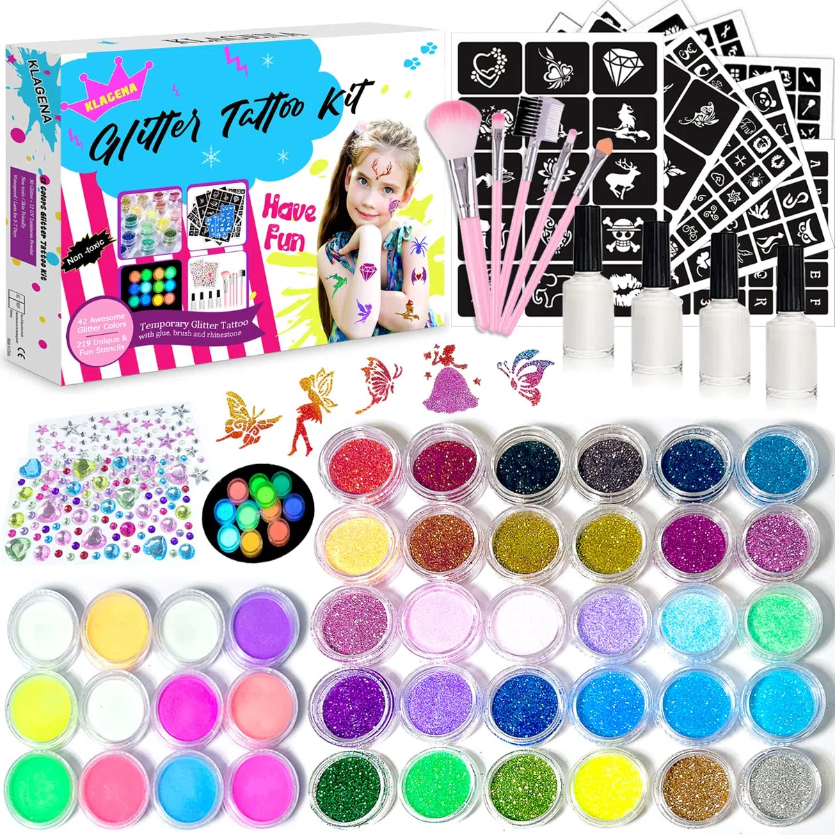Kit Tatouage Paillettes Enfant Filles, 42 Couleurs (Comprend 12pcs Paillettes Lumineuses) mit 219 Pochoirs 213 Strass-Non-toxique Glitter Tatoo Kit Cadeau Fille pour Anniversaire Carnaval Fête