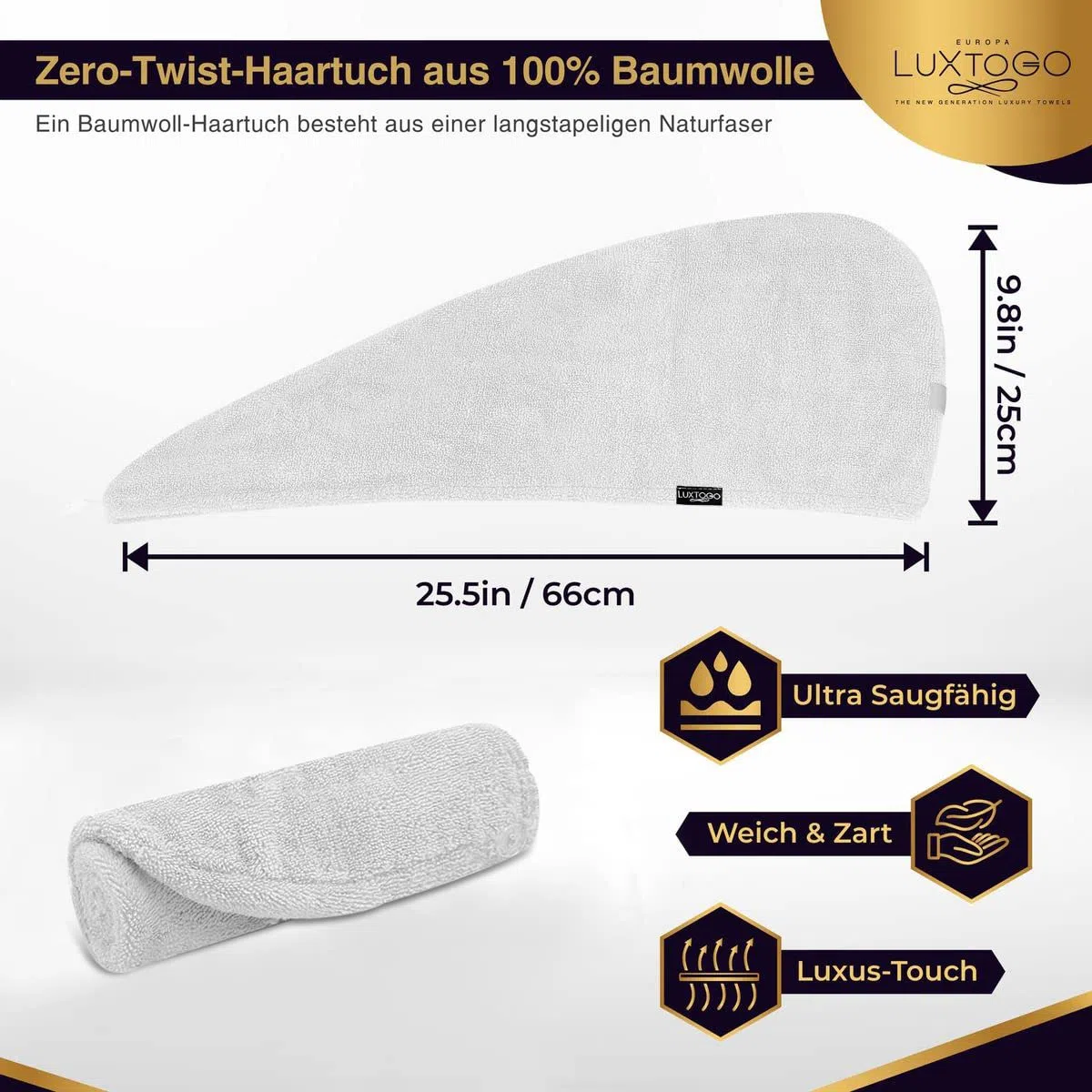 Serviette turban pour cheveux de qualité supérieure, 100 % coton, serviette turban de qualité supérieure avec bouton et élastique, super absorbante, 1 pièce blanche