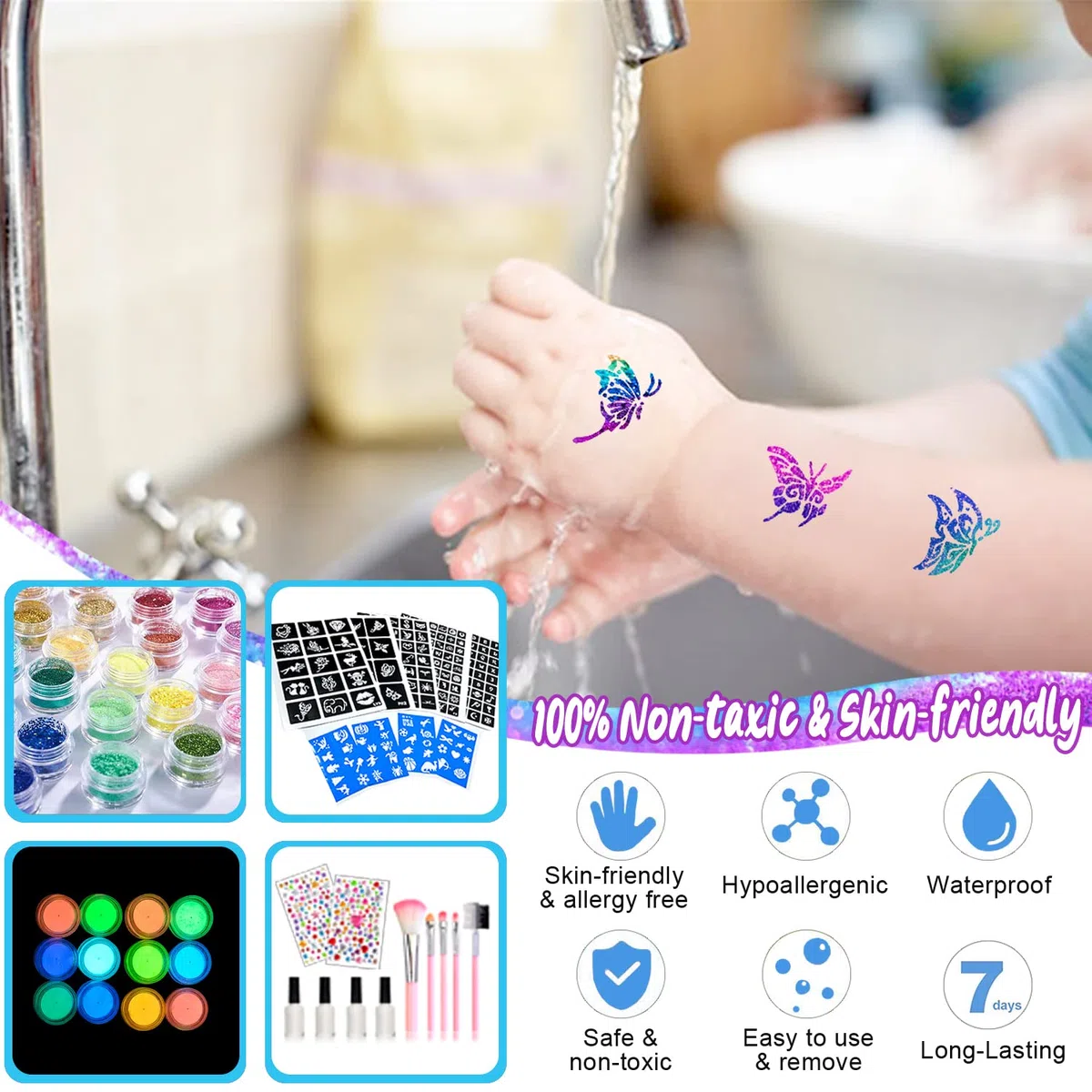 Kit Tatouage Paillettes Enfant Filles, 42 Couleurs (Comprend 12pcs Paillettes Lumineuses) mit 219 Pochoirs 213 Strass-Non-toxique Glitter Tatoo Kit Cadeau Fille pour Anniversaire Carnaval Fête