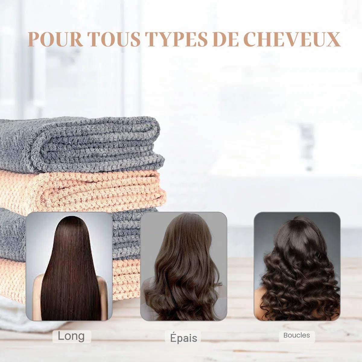 FREATECH 2 Grandes Serviettes Microfibre Cheveux Bouclés 86 x 26 cm, Turbans Épais Super Absorbants pour Cheveux Longs et Épais, Serviette de Séchage Anti-frisottis avec Bande Élastique