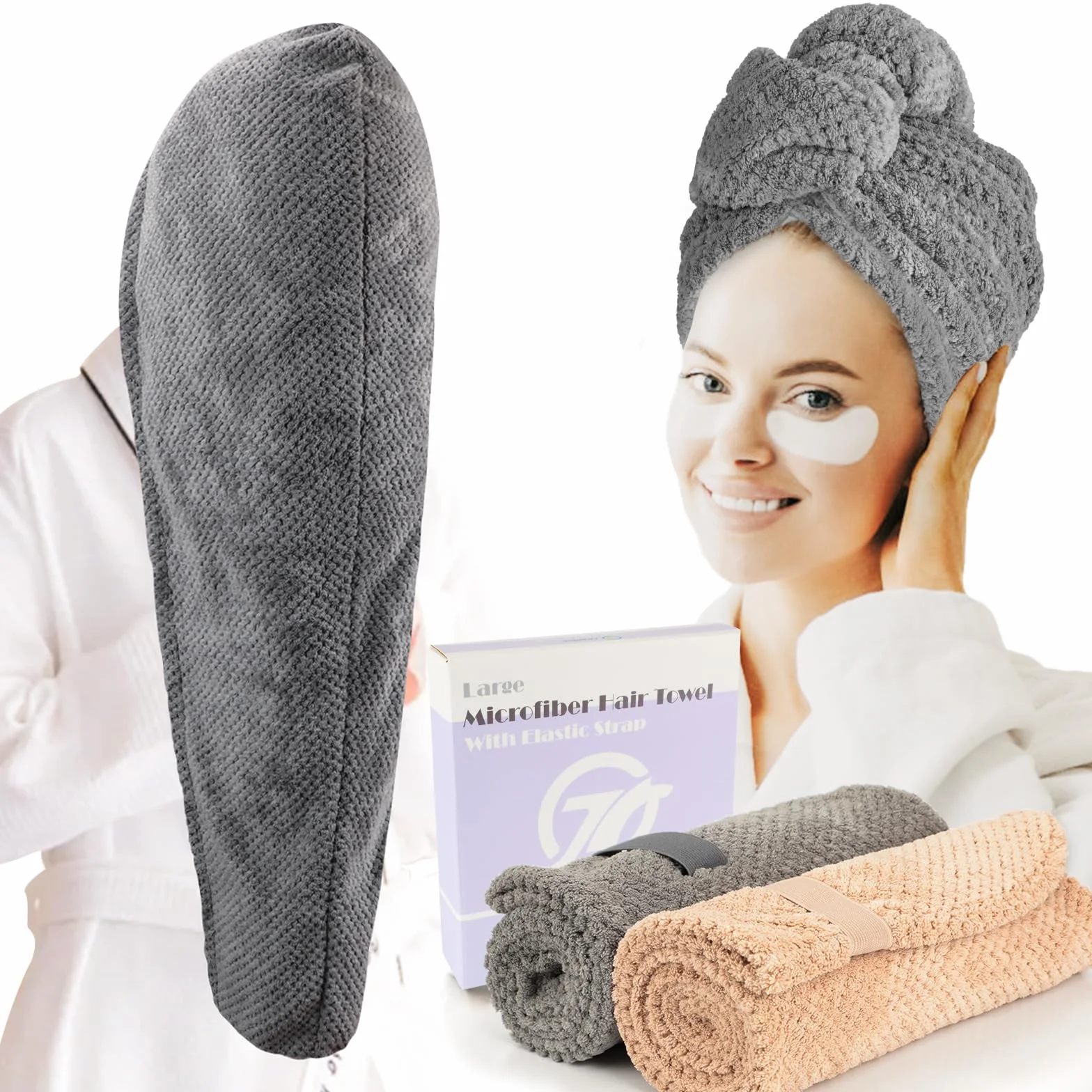 FREATECH 2 Grandes Serviettes Microfibre Cheveux Bouclés 86 x 26 cm, Turbans Épais Super Absorbants pour Cheveux Longs et Épais, Serviette de Séchage Anti-frisottis avec Bande Élastique