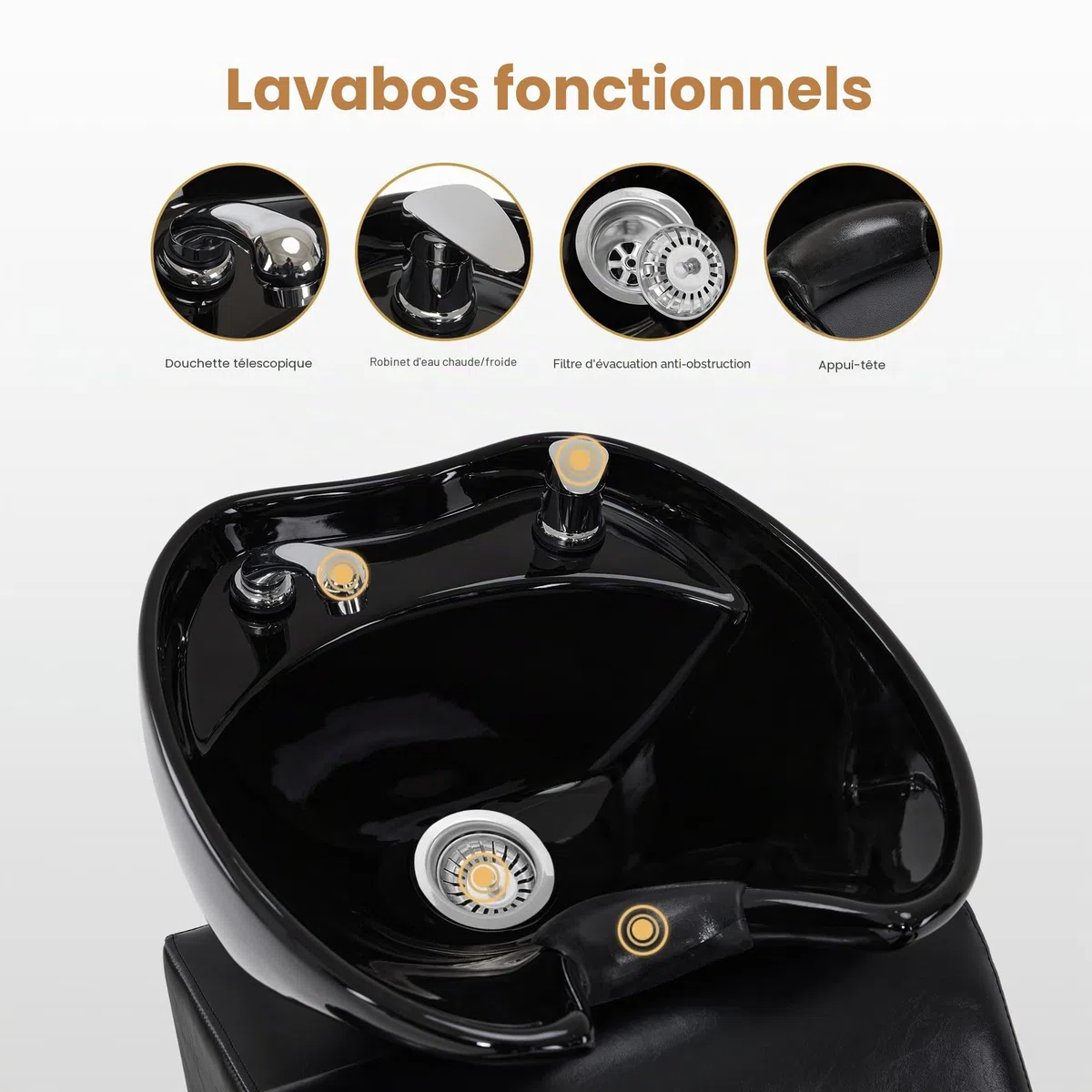 BarberPub Chaise de barbier avec lavabo, base en acier inoxydable, lavabo de barbier en céramique réglable, fauteuil de barbier pour SPA salon, station de lavage 8611(Noir/Cuir synthétique)