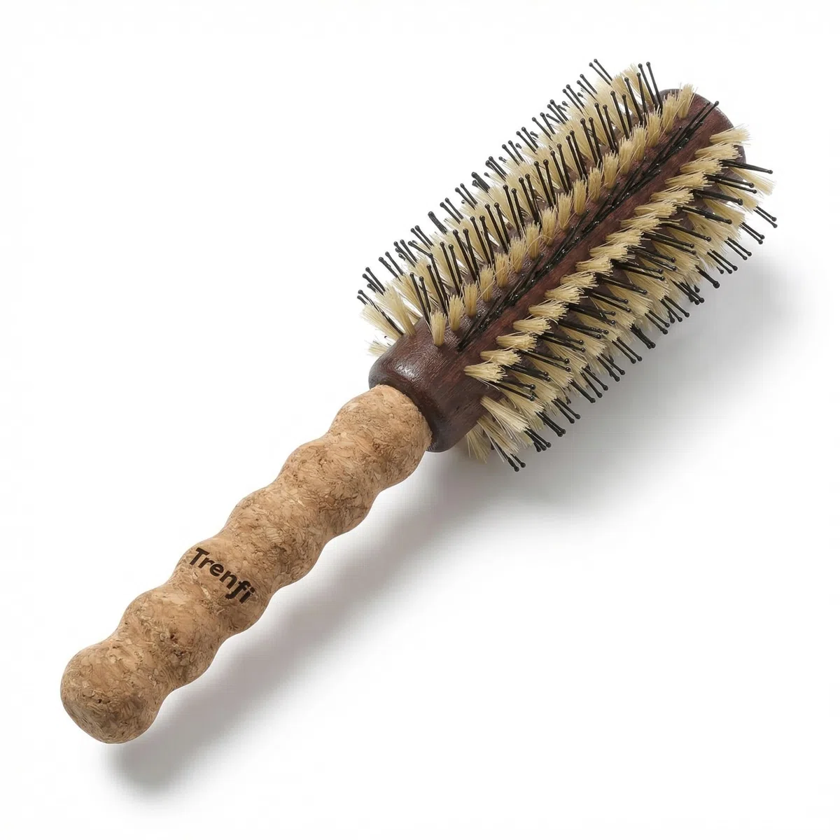 Brosse à cheveux ronde avec manche en liège, poils blancs, séchage thermique professionnel