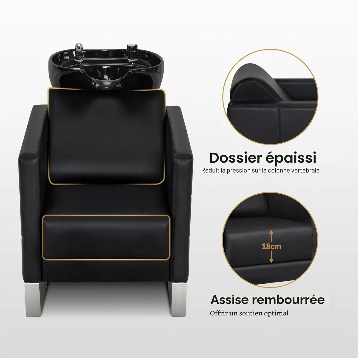 BarberPub Chaise de barbier avec lavabo, base en acier inoxydable, lavabo de barbier en céramique réglable, fauteuil de barbier pour SPA salon, station de lavage 8611(Noir/Cuir synthétique)