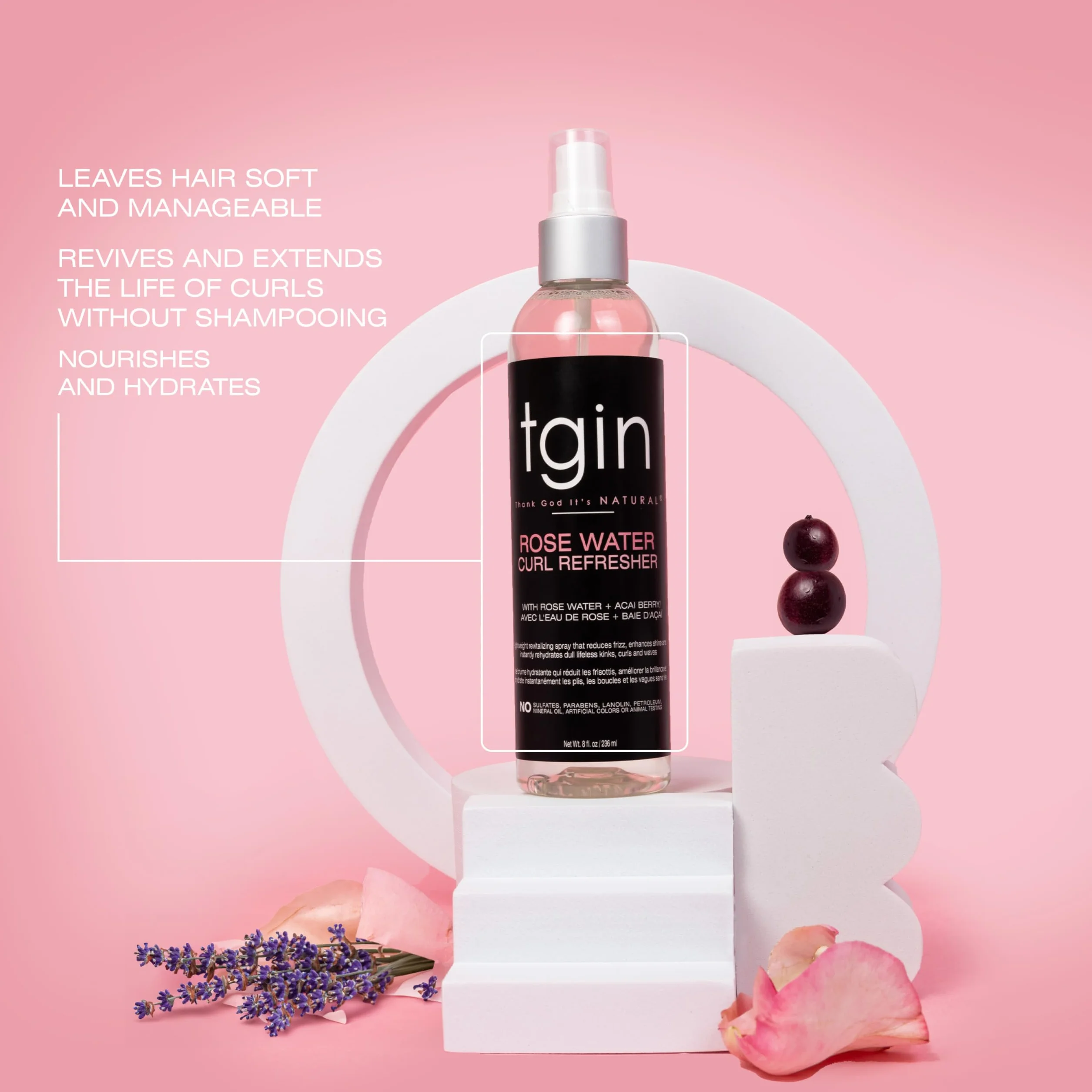 TGIN Spray rafraîchissant à l'eau de rose pour cheveux bouclés, 236 ml