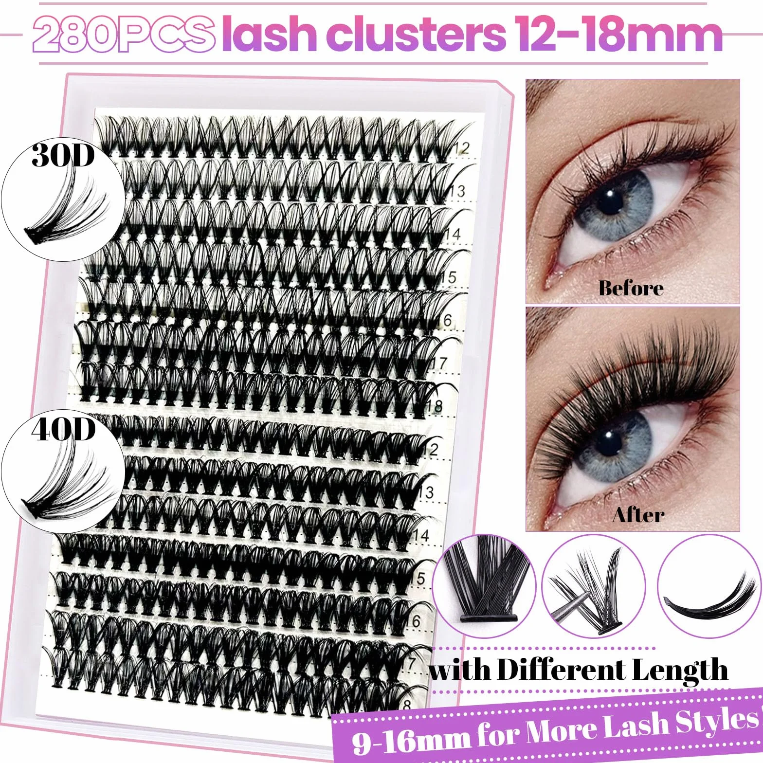 Kit d'extension de Cils Bricolage 280 Cils 30+40D 12-18mm avec Lash Bond and Seal,Dissolvant de Lashes,Lash de Shampooing,Brosse de Nettoyage Brosse à Lashes Applicateur