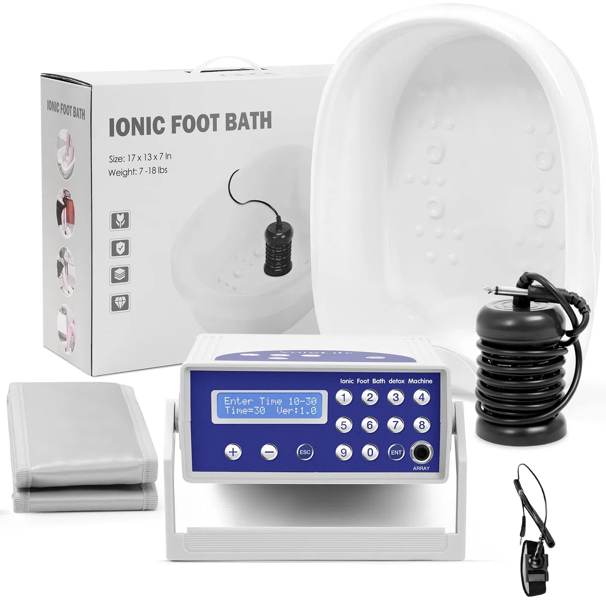 Bain de pieds ionique 2026 - Détox professionnel - Avec écran LCD - Avec ceinture chauffante - 1 buse ionique et tampon de nettoyage - Pour la maison, le spa - Cadeau parfait (avec bassin)