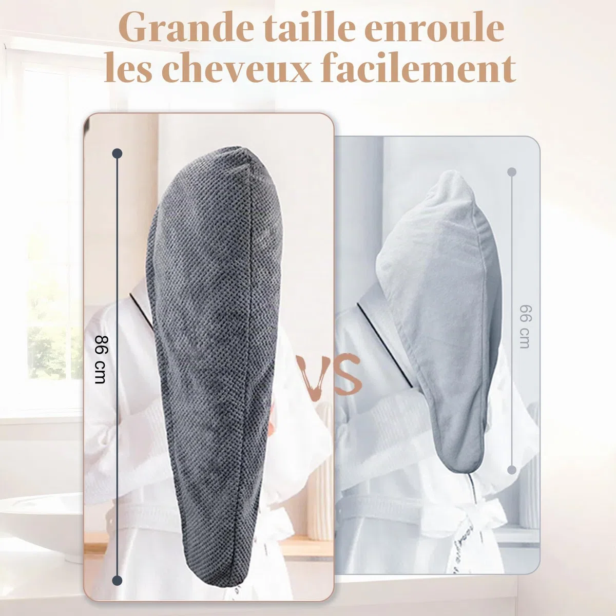 FREATECH 2 Grandes Serviettes Microfibre Cheveux Bouclés 86 x 26 cm, Turbans Épais Super Absorbants pour Cheveux Longs et Épais, Serviette de Séchage Anti-frisottis avec Bande Élastique