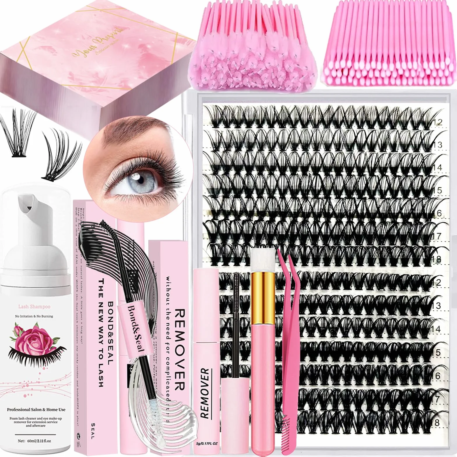 Kit d'extension de Cils Bricolage 280 Cils 30+40D 12-18mm avec Lash Bond and Seal,Dissolvant de Lashes,Lash de Shampooing,Brosse de Nettoyage Brosse à Lashes Applicateur