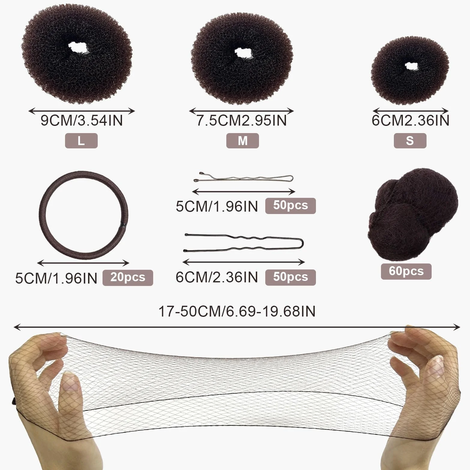 UILYNIU 183 Pièces Accessoires de Coiffure, Machine à Pain Donut, 3PCS Cheveux Donuts Chignons et 100 Épingles à Cheveux, 20Pcs Bande de Caoutchouc, 60 Pcs Filet Chignon pour les Danseurs (Brun)