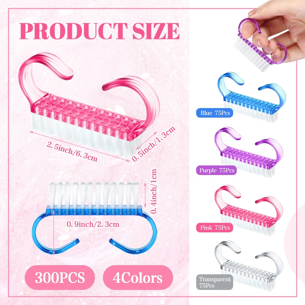 Tanlade Lot de 300 brosses à ongles avec poignée en plastique - Petite brosse à ongles - Facile à utiliser - Pour homme et femme - Pour les mains, les pieds, les orteils - 4 couleurs