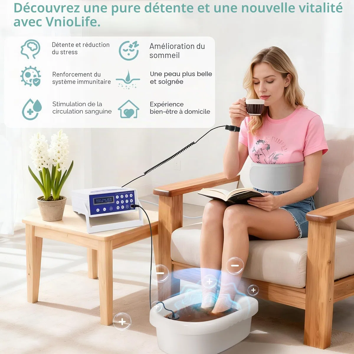 Bain de pieds ionique 2026 - Détox professionnel - Avec écran LCD - Avec ceinture chauffante - 1 buse ionique et tampon de nettoyage - Pour la maison, le spa - Cadeau parfait (avec bassin)