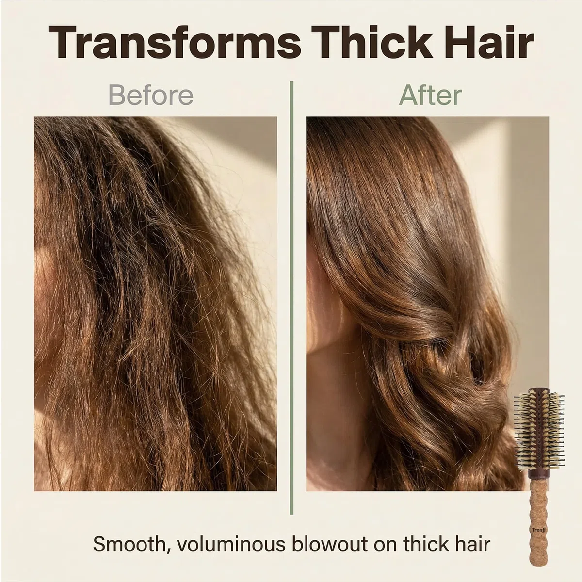 Brosse à cheveux ronde avec manche en liège, poils blancs, séchage thermique professionnel