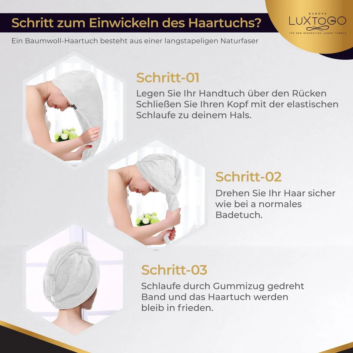 Serviette turban pour cheveux de qualité supérieure, 100 % coton, serviette turban de qualité supérieure avec bouton et élastique, super absorbante, 1 pièce blanche