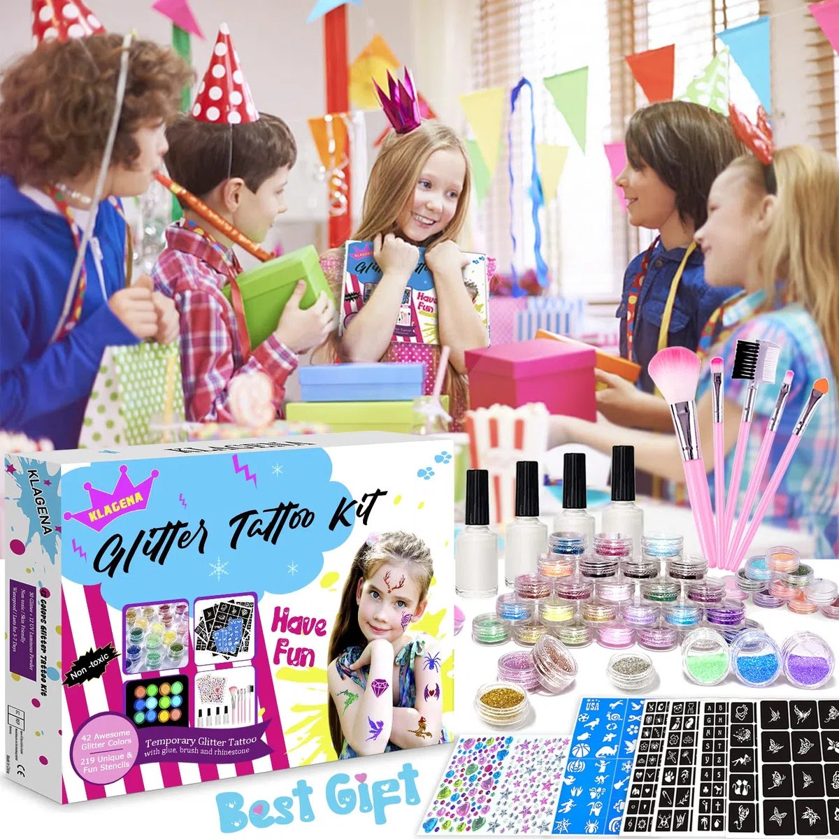 Kit Tatouage Paillettes Enfant Filles, 42 Couleurs (Comprend 12pcs Paillettes Lumineuses) mit 219 Pochoirs 213 Strass-Non-toxique Glitter Tatoo Kit Cadeau Fille pour Anniversaire Carnaval Fête