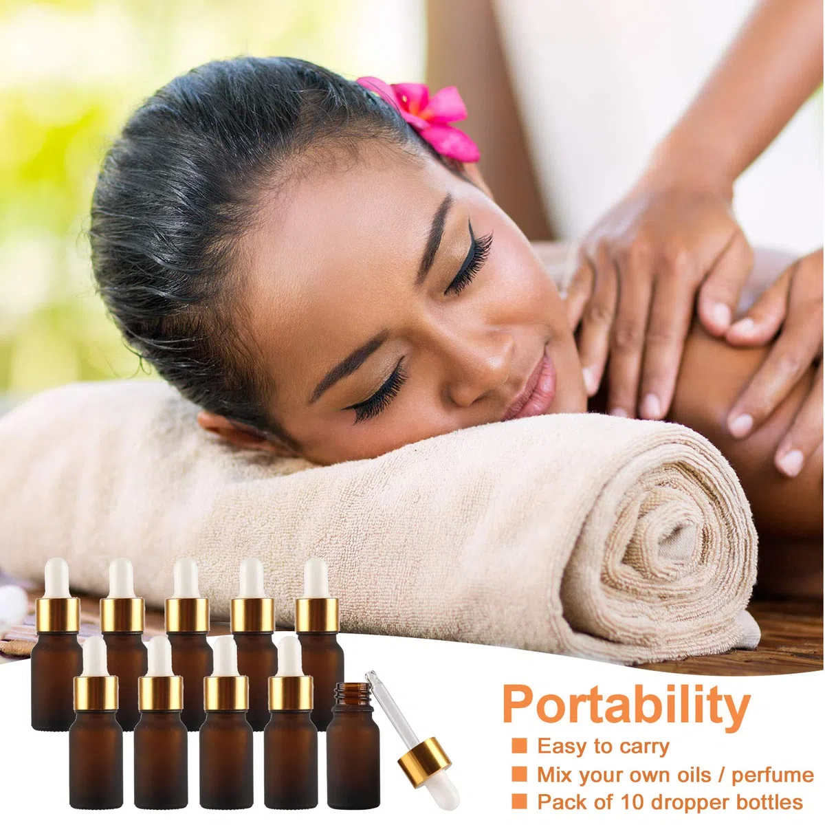 Lot de 10 flacons compte-gouttes en verre de 10 ml avec pipettes compte-gouttes, mini flacons vides pour huiles de massage essentielles, Bouchon ambre givré transparent/doré, Medium